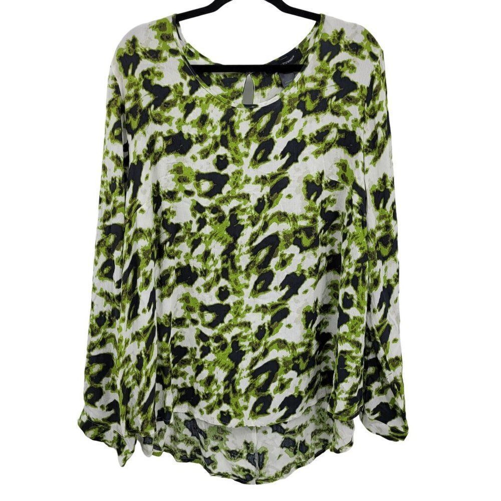 Ashley Stewart Blouse 16 Green Camo Rayon Gauze Roll Tab Sleeve High-low Tunic‎